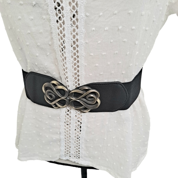 Black antique gold ornate buckle corset boho elastic wide waist dress belt - Picture 5 of 10